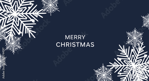 An elegant 'Merry Christmas' greeting card design with white text on a dark blue background framed by large white snowflakes.