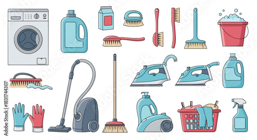 A comprehensive collection of various cleaning supplies and equipment including a vacuum cleaner washing machine and detergents.