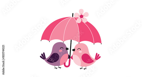 An adorable illustration of two cute birds in love snuggling together under a large pink umbrella with a flower on top.