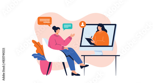 A woman sitting comfortably in a chair having a private online therapy session via video call with a female counselor.