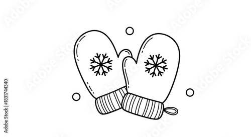 A simple black and white outline drawing of a pair of cozy winter mittens with snowflakes for a holiday coloring page.