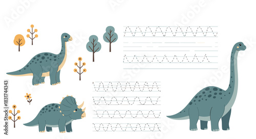 An educational handwriting practice worksheet for kids with dotted lines for tracing and cute illustrations of two dinosaurs.