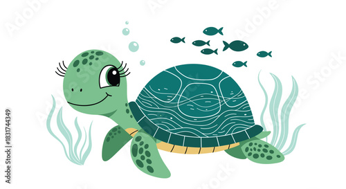 An adorable cartoon sea turtle with long eyelashes swimming happily underwater among seaweed and a school of small fish.