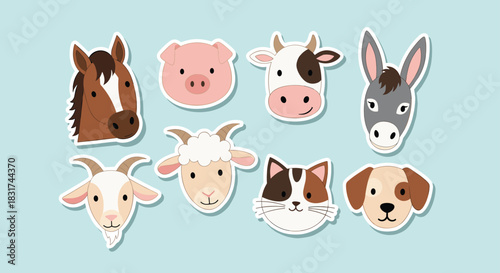 Adorable sticker collection of various farm and domestic animal heads on a light blue background for children's decorations.