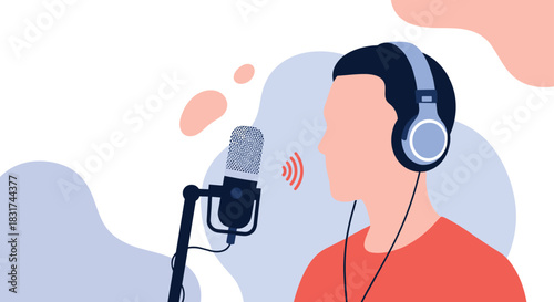 Faceless man wearing headphones and speaking into a professional microphone for a podcast broadcast or online streaming.