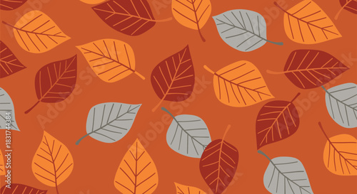 Seamless autumn pattern with colorful stylized leaves in orange red and gray on a warm brown background for seasonal decor.