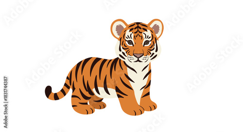 Adorable cartoon illustration of a young tiger cub standing and looking forward isolated on a plain white background.