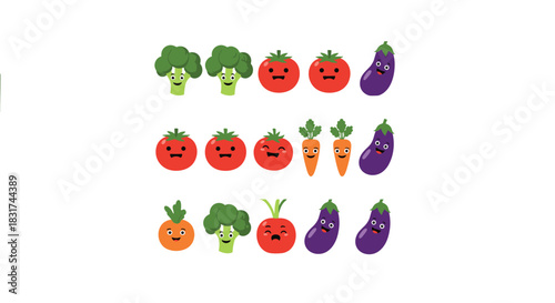 A large collection of cute cartoon vegetable characters with various happy and funny faces including tomatoes broccoli and carrots.