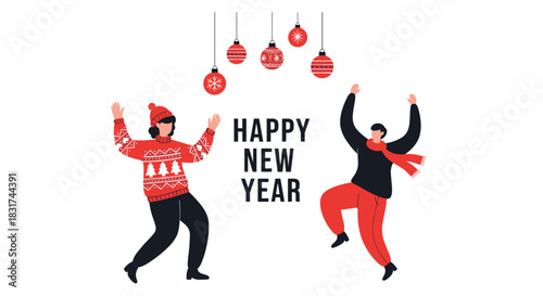A festive 'Happy New Year' illustration with two happy people in winter sweaters dancing under hanging Christmas ornaments.