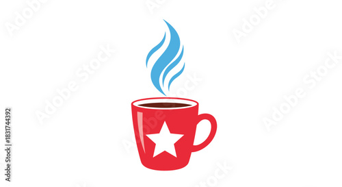 A simple icon of a red coffee mug with a white star on it and blue steam rising isolated on a white background.