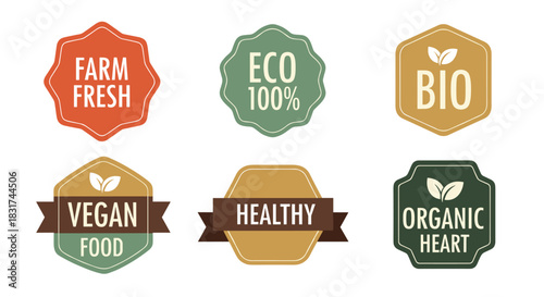 Set of six vintage-style labels and badges for natural food products including farm fresh eco bio vegan and healthy.