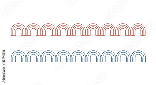 Two decorative border elements made of repeating semi-circle arch patterns in red and blue line art for design.