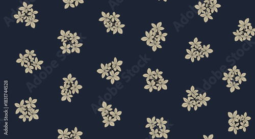 Elegant seamless floral pattern with small clusters of beige flowers on a dark navy blue background for a classic design.