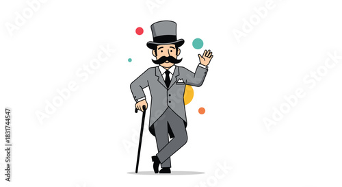 Charming cartoon gentleman from the Victorian era wearing a gray suit and top hat waving hello on a white background.