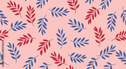 Seamless botanical pattern with red and blue textured leaves scattered on a soft pink background for a modern design.