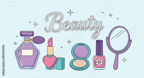 Girly beauty and makeup set with perfume lipstick nail polish and a mirror on a light blue background with stars.