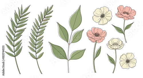 Set of hand-drawn botanical elements including green leaves and pink and yellow flowers with a delicate stitched outline.