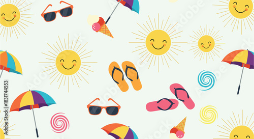 Seamless summer pattern with cute smiling suns colorful beach umbrellas flip-flops sunglasses and ice cream cones.