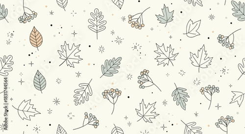 Minimalist seamless autumn pattern with hand-drawn leaves and berries on a light background with subtle sparkling details.