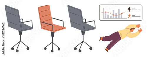 Vacant office chairs, graph with figures, and a falling businessman representing job loss, career setback, or layoffs. Ideal for workplace, career, HR, unemployment performance economy