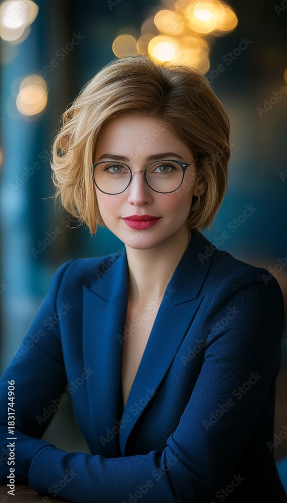 Obraz premium Confident Career Woman in Elegant Suit and Glasses Smiling in Modern Office Background Setting