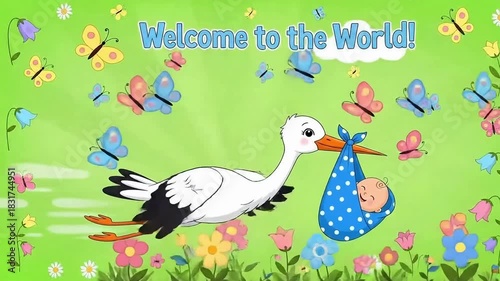 Animated stork delivering a newborn baby in a bundle of joy, surrounded by butterflies and flowers celebrating new life and family happiness