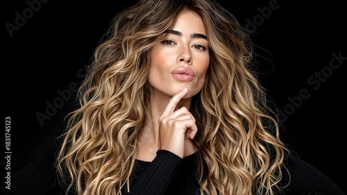 Engaging woman with long, wavy hair poses thoughtfully against a dark backdrop, showcasing expressive facial gestures and subtle changes in emotion, with a gradual zoom in enhancing the scene's intima