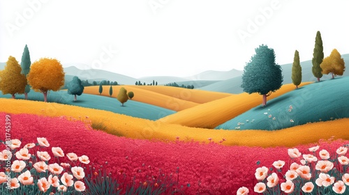 Vibrant spring landscape with colorful flowers and rolling hills nature scene digital art scenic view
