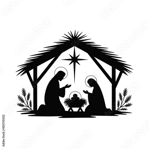A black silhouette of the nativity scene featuring Mary, Joseph, and baby Jesus under a stable.