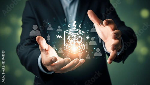 Businessman holding a glowing digital cube with gears and icons presenting business solution and innovative technology for business