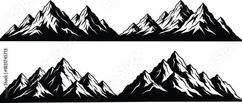 Collection of Black Mountain Silhouettes, Sharp Peaks and Rugged Rock Faces, Alpine and Rocky Landscape Vector Icons, Isolated on Pure White Background, lement.