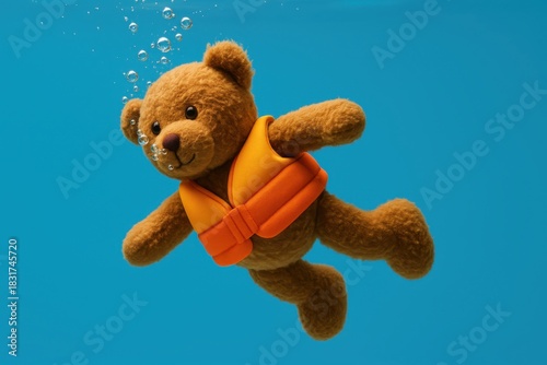 Adorable teddy bear wearing orange life vest stays afloat in clear blue water