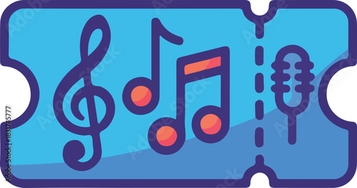 Music event ticket vector with musical notes and microphone symbol for concert or festival entry