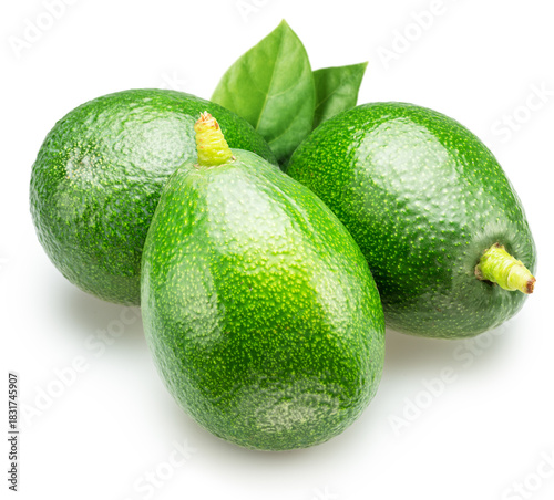 Whole green avocados with leaf on white background. File contains clipping paths.