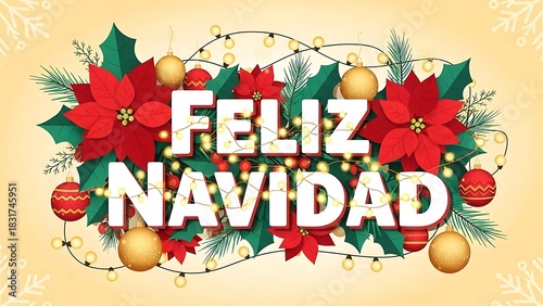 Merry Christmas Spanish Greeting with Holiday Decorations