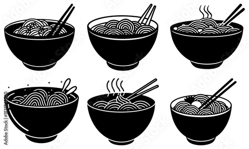 Delicious noodle bowls in black and white, vector illustration for menus, restaurant designs, and culinary projects, Asian cuisine inspiration