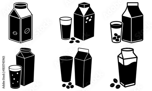 Assorted dairy and non-dairy milk beverage cartons with glasses, perfect for breakfast, coffee, or healthy lifestyle advertising needs