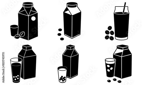 Modern black and white coffee beans and milk set perfect for professional food and beverage product design or creative marketing materials