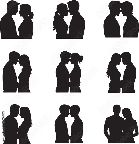 Silhouetted couples expressing love in various embraces and touching faces