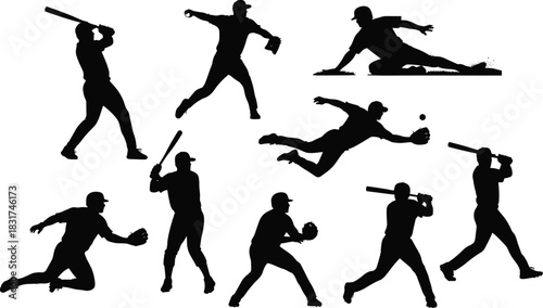 Collection of Black Baseball and Softball Player Silhouettes, Various Action Poses Including Batting, Pitching, and Catching, Isolated on Pure White 