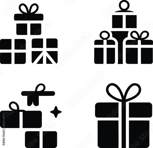 Collection of four black silhouette gift boxes with ribbons and bows