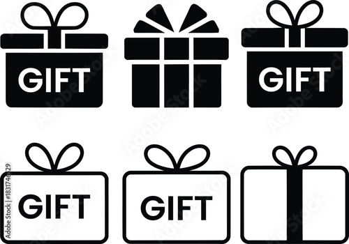 Collection of six simple black and white gift box icons with ribbons and text labels