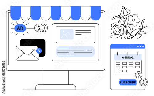 Computer screen with email, ad, payment icons, calendar subscription panel, and flowers. Ideal for e-commerce, digital advertising, content marketing, online business subscription models SaaS
