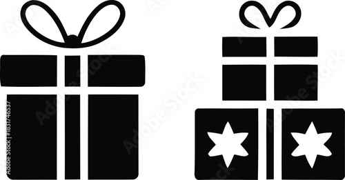 Two stylized black gift boxes with ribbons and bows