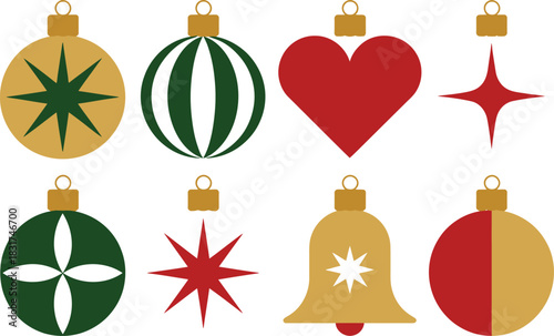 Collection of eight flat design christmas ornaments in various shapes and colors