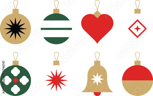 Collection of eight festive christmas ornaments in various shapes and colors for holiday decoration