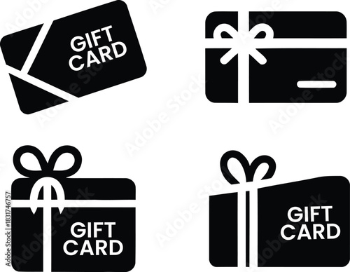 Set of four black and white gift card icons with ribbons and bows