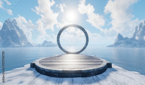 Circular podium on water with empty circle in front and mountains behind, blue sky with sunlight shining down and snow-white clouds
