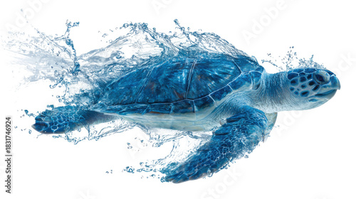Swimming Turtle Formed from Water Splash on White Background