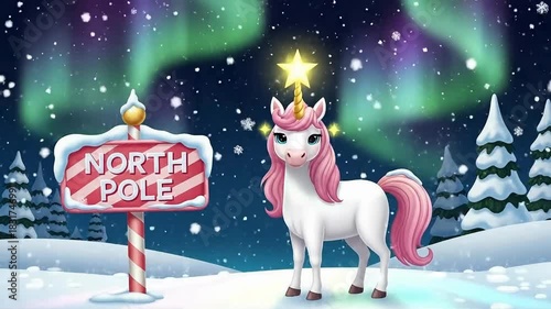 Magical unicorn adventure at the North Pole with aurora borealis dancing in the sky, perfect for winter holiday stories and whimsical children's content